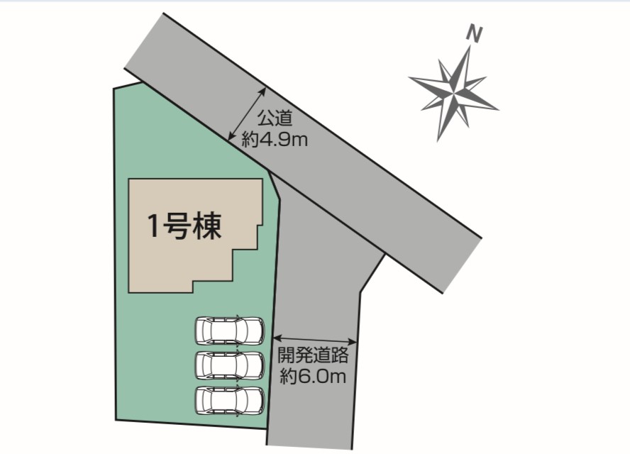 ★お知らせ★☆住宅性能表示W取得☆ 新築一戸建て 昭和町築地新居 1号棟 2階建 4LDK +カースペース3台 外構付き 耐震等級3+長期優良住宅取得 押原小学校(約525m)+押原中学校(約750m)好評販売中🏠 4 配置